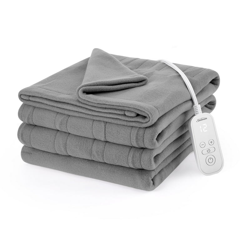 Sunbeam Electric Heated Bed Blanket Gray Soft Brushed Fleece 12