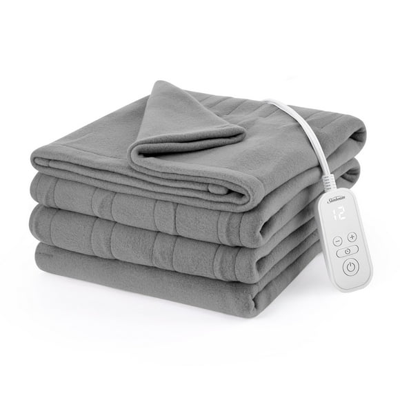 Sunbeam Electric Heated Bed Blanket Gray Soft Brushed Fleece 12 Heat Settings Twin 84 x 62