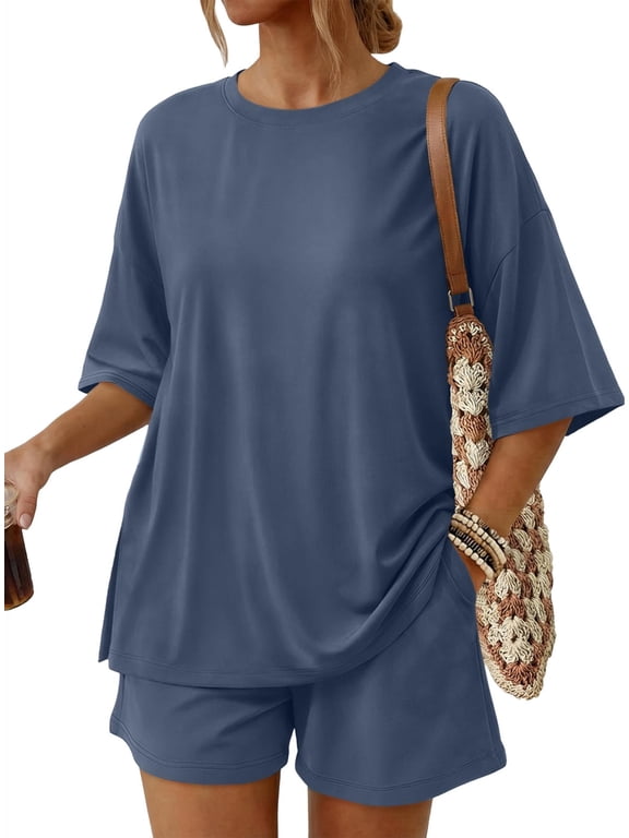 2 Piece Lounge Set for Women Matching Sets Oversized Top and Shorts Sweatsuit Travel Airport Outfit