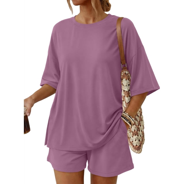 SUNBS 2 Piece Lounge Set for Women Matching Sets Oversized Top and Shorts Sweatsuit Travel Airport Outfit