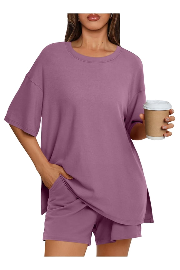 2 Piece Lounge Set for Women Matching Sets Oversized Top and Shorts Sweatsuit Travel Airport Outfit