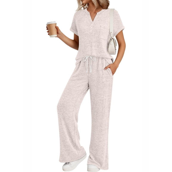 SUNBS 2 Piece Lounge Sets for Women Summer Henley Sweatsuit Travel Vacation Airport Outfits Pajamas Sets