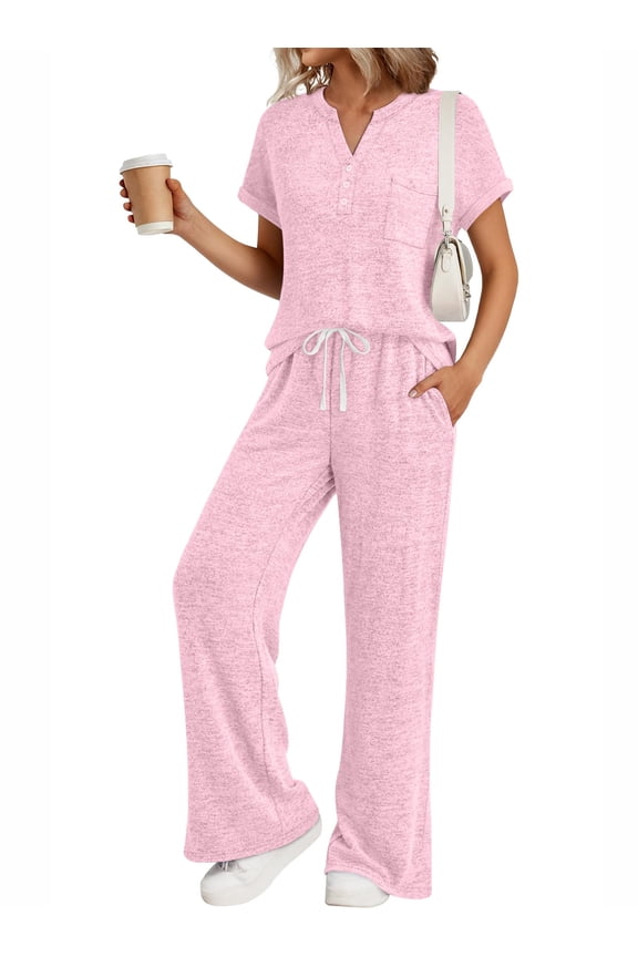 2 Piece Lounge Sets for Women Summer Henley Sweatsuit Travel Vacation Airport Outfits Pajamas Sets