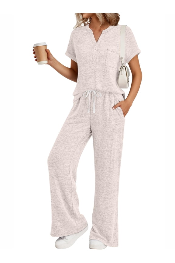 Lounge Sets for Women 2 Piece Summer Henley Sweatsuit Travel Vacation Airport Outfits Pajamas Sets