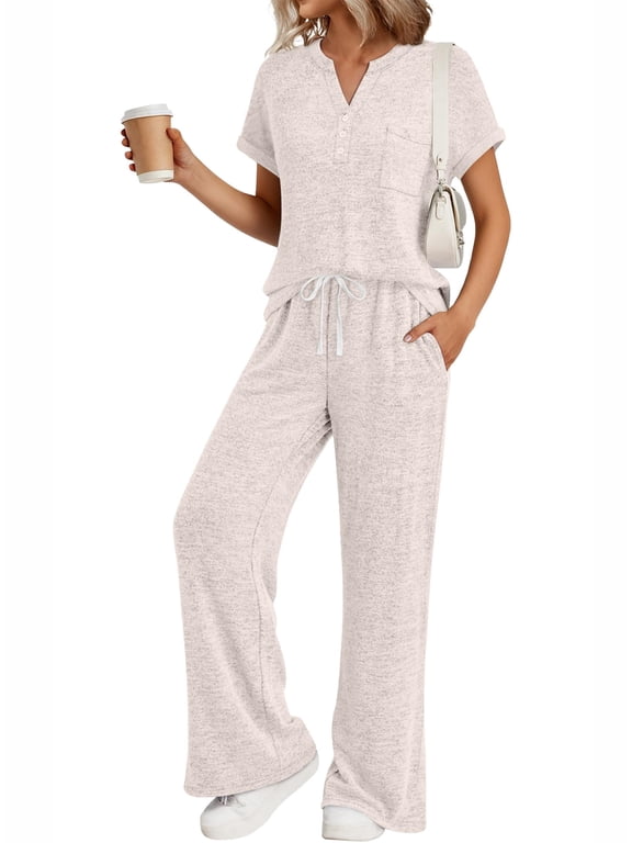Lounge Sets for Women 2 Piece Summer Henley Sweatsuit Travel Vacation Airport Outfits Pajamas Sets