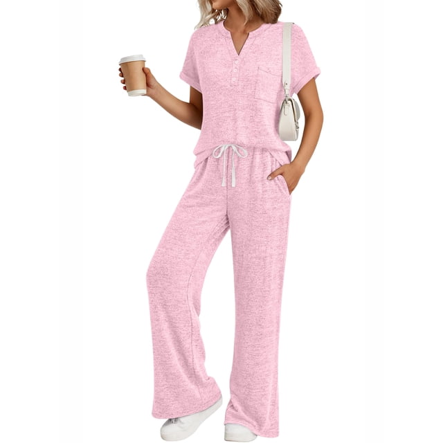 SUNBS Lounge Sets for Women 2 Piece Summer Henley Sweatsuit Travel Vacation Airport Outfits Pajamas Sets