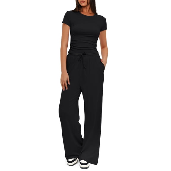 SUNBS 2 Piece Outfits Matching Summer Sweatsuit Lounge Set Womens Wide Leg Pants Side Ruching Crop Top