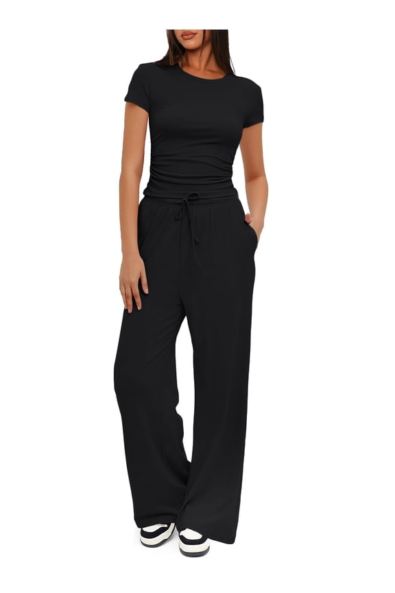 2 Piece Outfits Matching Summer Sweatsuit Lounge Set Womens Wide Leg Pants Side Ruching Crop Top