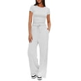 thumbnail image 1 of SUNBS 2 Piece Outfits Matching Summer Sweatsuit Lounge Set Womens Wide Leg Pants Side Ruching Crop Top, 1 of 7