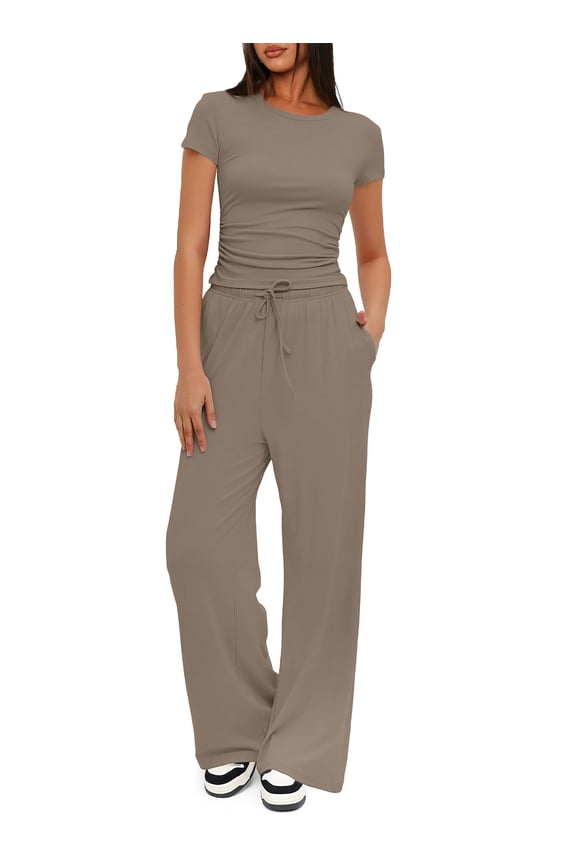 2 Piece Outfits Matching Summer Sweatsuit Lounge Set Womens Wide Leg Pants Side Ruching Crop Top