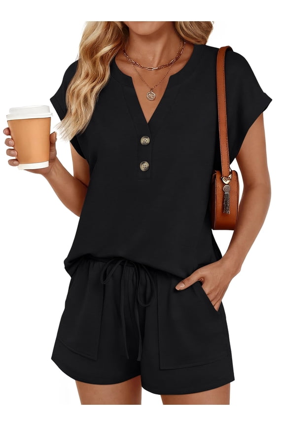 2 Piece Outfit for Women Lounge Sets Cap Sleeve Henley Shirts and Shorts Sweatsuit Womens Matching Sets