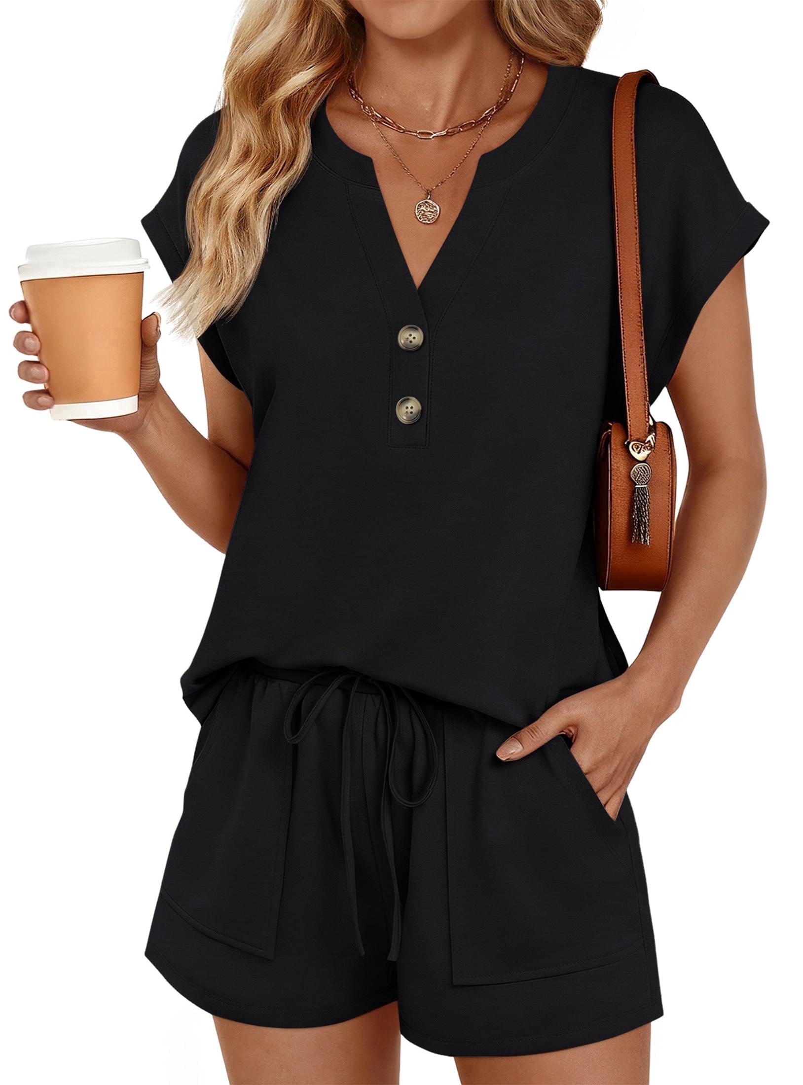 SUNBS 2 Piece Outfit for Women Lounge Sets Cap Sleeve Henley