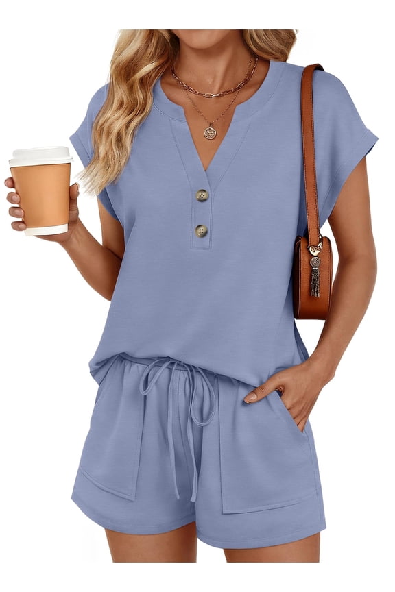 2 Piece Outfit for Women Lounge Sets Cap Sleeve Henley Shirts and Shorts Sweatsuit Womens Matching Sets
