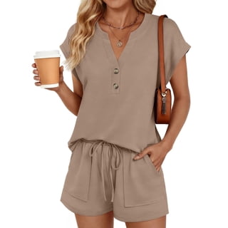 SUNBS 2 Piece Outfit for Women Lounge Sets Cap Sleeve Henley Shirts and Shorts Sweatsuit Womens Matching Sets