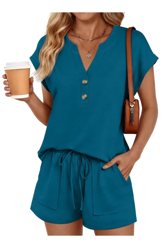 Lounge Sets for Women 2 Piece Outfit Cap Sleeve Henley Shirts and Shorts Sweatsuit Womens Matching Sets