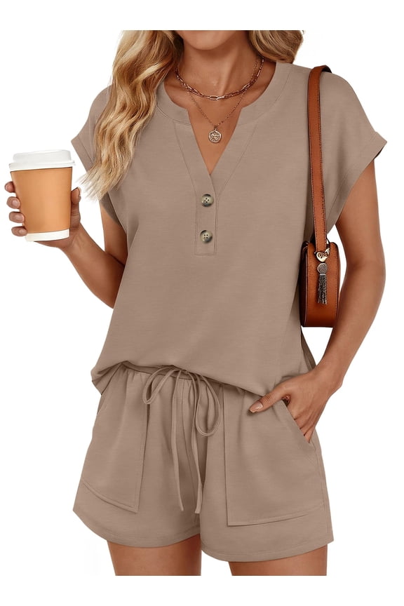 2 Piece Outfit for Women Lounge Sets Cap Sleeve Henley Shirts and Shorts Sweatsuit Womens Matching Sets