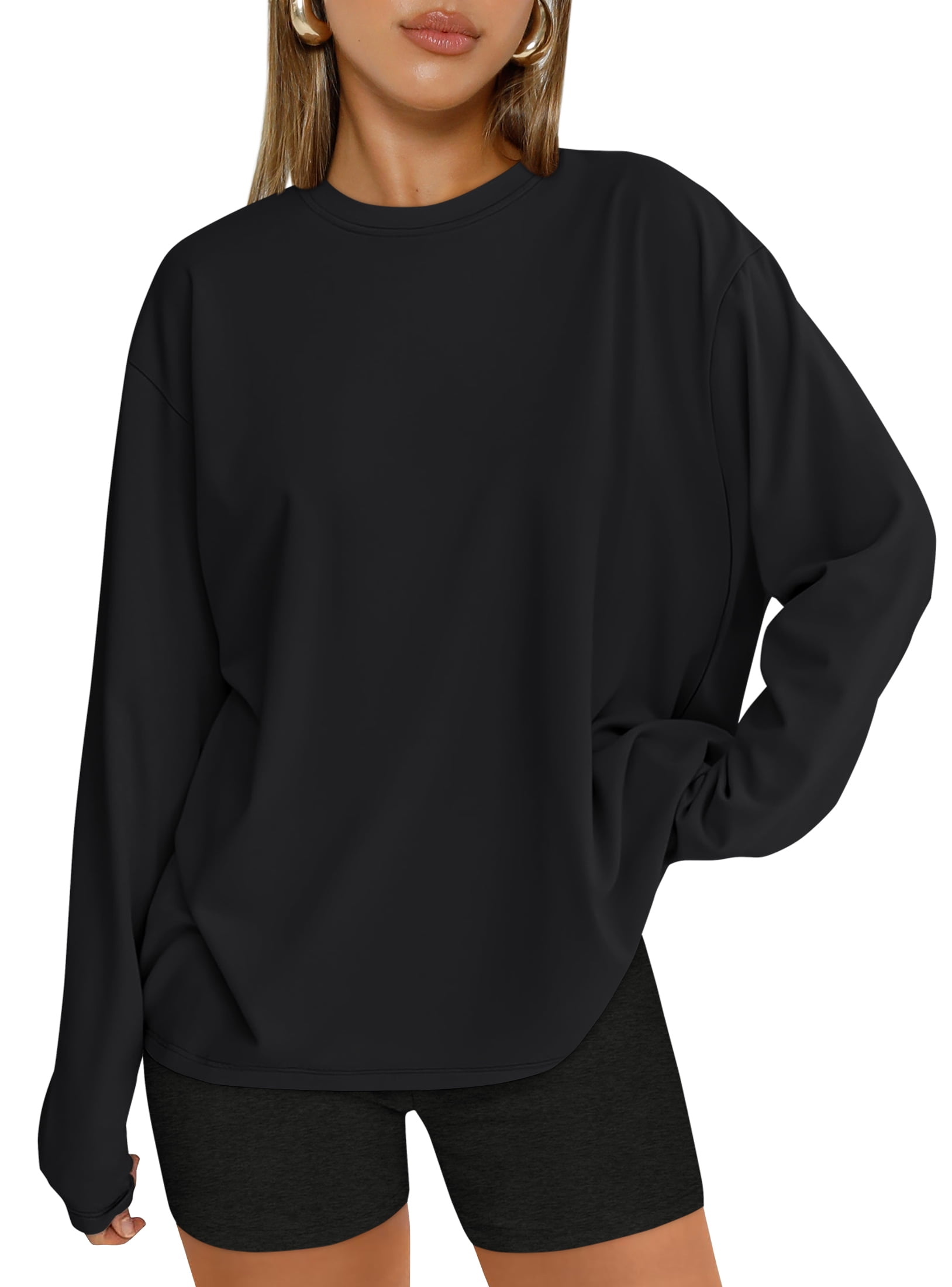 2 Piece Lounge Set for Women Oversized Long Sleeve T Shirt Matching Cotton Biker Shorts Fall Winter Clothing, Sizes S-3XL