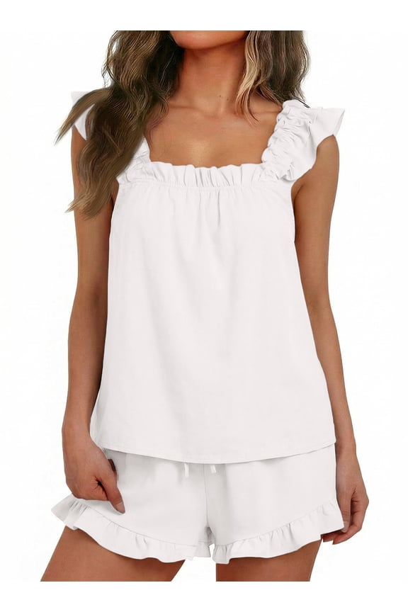 2 Piece Outfit for Women Lounge Sets Ruffle Pj Soft Tank Top and Shorts Sleepwear Set Bridal Pajamas Set