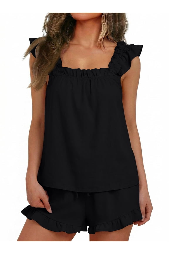 2 Piece Outfit for Women Lounge Sets Ruffle Pj Soft Tank Top and Shorts Sleepwear Set Bridal Pajamas Set