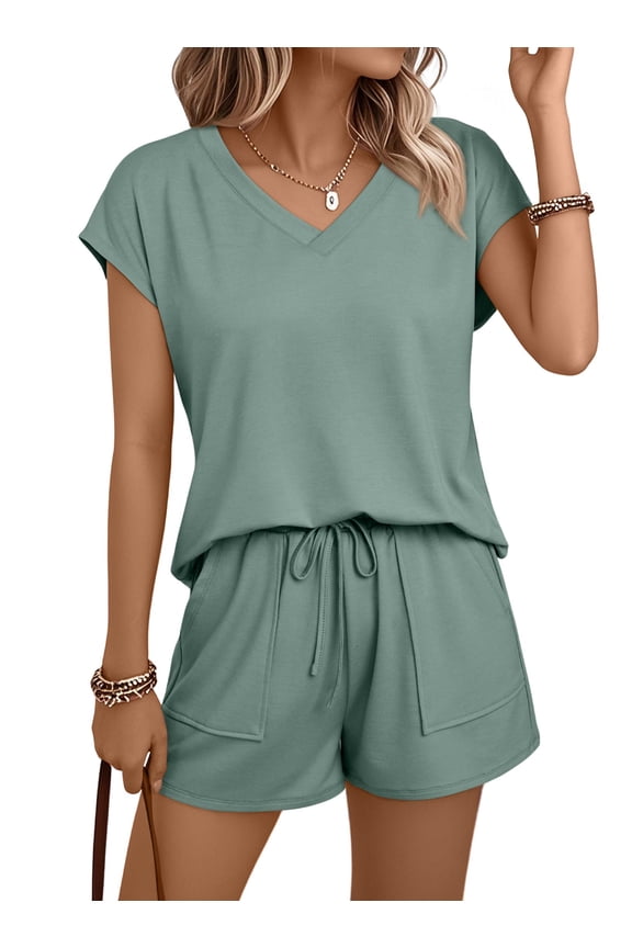 2 Piece Outfit for Women Lounge Sets V Neck Cap Sleeve Shirt and Shorts Sweatsuit Womens Matching Sets