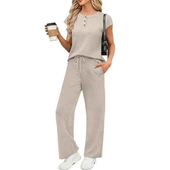 SUNBS Lounge Sets for Women 2 Piece Outfits Sweat Suit Casual Cap Henley Sleeve Summer Airport Travel Matching Vacation