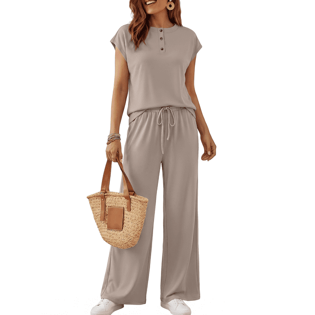 SUNBS Lounge Sets for Women 2 Piece Outfits Sweat Suit Casual Cap Henley Sleeve Summer Airport Travel Matching Vacation
