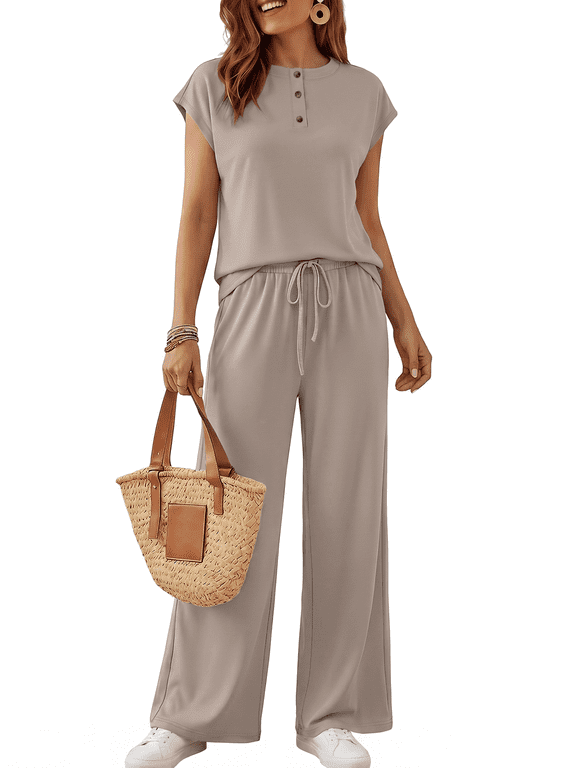 Lounge Sets for Women 2 Piece Outfits Sweat Suit Casual Cap Henley Sleeve Summer Airport Travel Matching Vacation