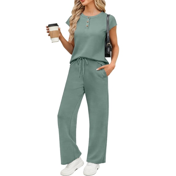 SUNBS Lounge Sets for Women 2 Piece Outfits Sweat Suit Casual Cap Henley Sleeve Summer Airport Travel Matching Vacation