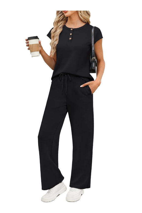 Lounge Sets for Women 2 Piece Outfits Sweat Suit Casual Cap Henley Sleeve Summer Airport Travel Matching Vacation