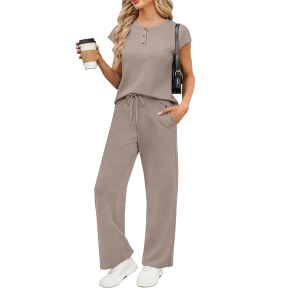 SUNBS Lounge Sets for Women 2 Piece Outfits Sweat Suit Casual Cap Henley Sleeve Summer Airport Travel Matching Vacation