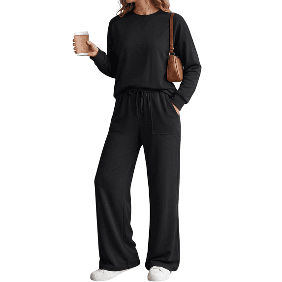 SUNBS 2 Piece Sets for Women Fall Outfits Lounge Sets Crew Neck High Waist Wide Leg Pants for Travel Airport Casual Clothes