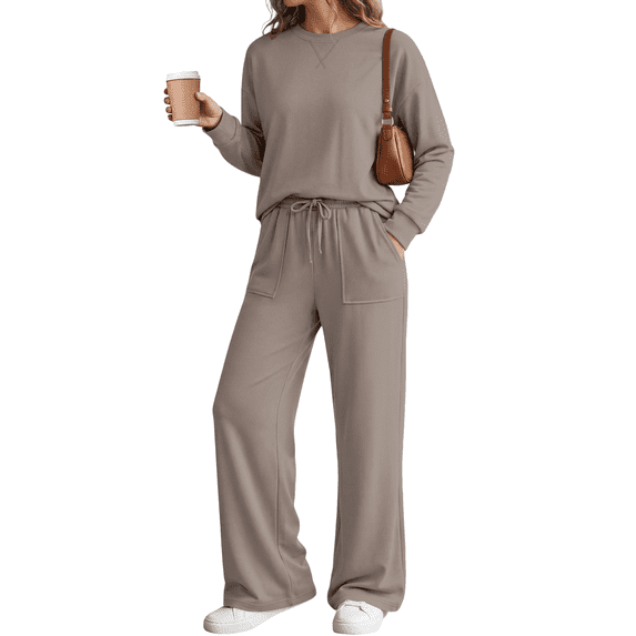 SUNBS 2 Piece Sets for Women Fall Outfits Lounge Sets Crew Neck High Waist Wide Leg Pants for Travel Airport Casual Clothes