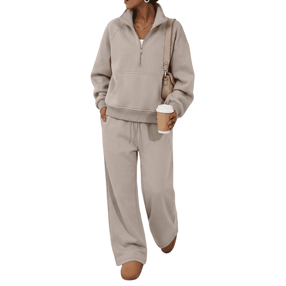SUNBS 2 Piece Women's Sweatsuit Fall Oversized Half-Zip Sweatshirt and Wide Leg Pants Loungewear Set