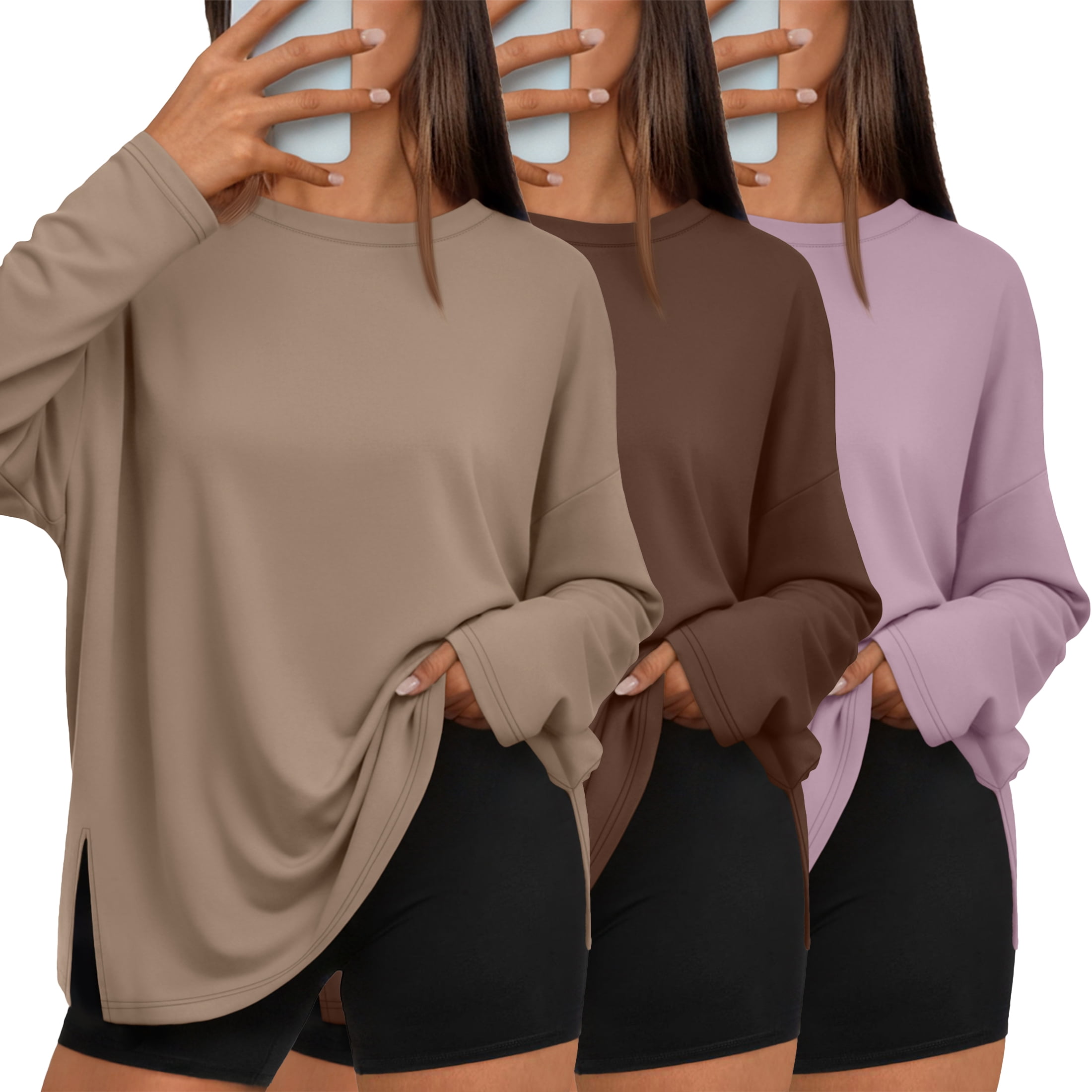 Side Slit Tee SUNBS 3 Pack Long Sleeve Tshirts for Women Oversized Side Slit Blouses ...