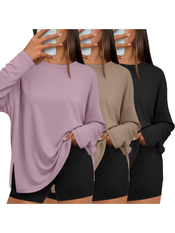 3 Pack Long Sleeve Tshirts for Women Oversized Side Slit Blouses Workout Tops Fall Fashion Casual Tees Basic Clothes