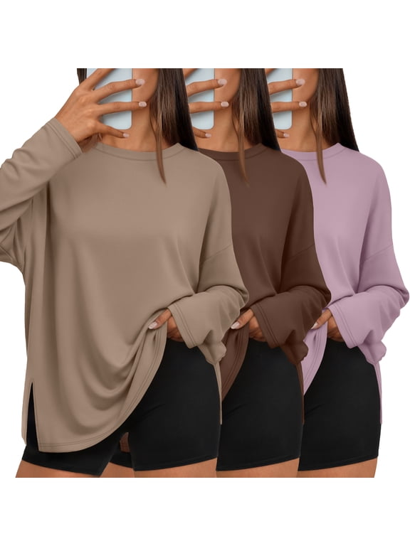 3 Pack Long Sleeve Tshirts for Women Oversized Side Slit Blouses Workout Tops Fall Fashion Casual Tees Basic Clothes