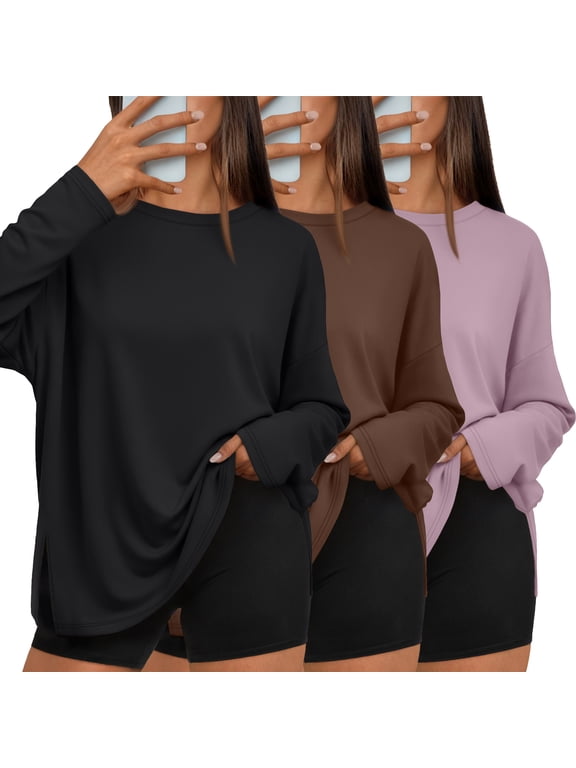 3 Pack Long Sleeve Tshirts for Women Oversized Side Slit Blouses Workout Tops Fall Fashion Casual Tees Basic Clothes