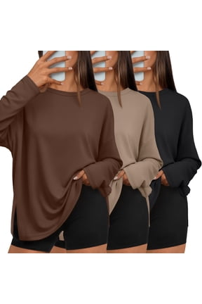3 Pack Long Sleeve Tshirts for Women Oversized Side Slit Blouses Workout Tops Fall Fashion Casual Tees Basic Clothes