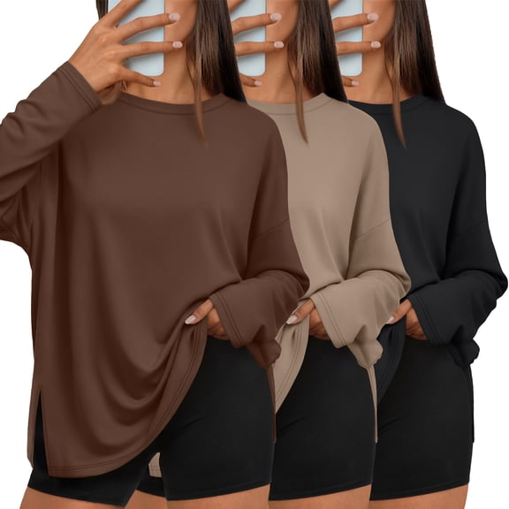 SUNBS 3 Pack Long Sleeve Tshirts for Women Oversized Side Slit Blouses Workout Tops Fall Fashion Casual Tees Basic Clothes