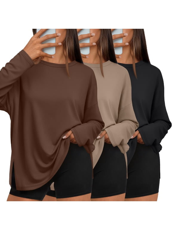 3 Pack Long Sleeve Tshirts for Women Oversized Side Slit Blouses Workout Tops Fall Fashion Casual Tees Basic Clothes