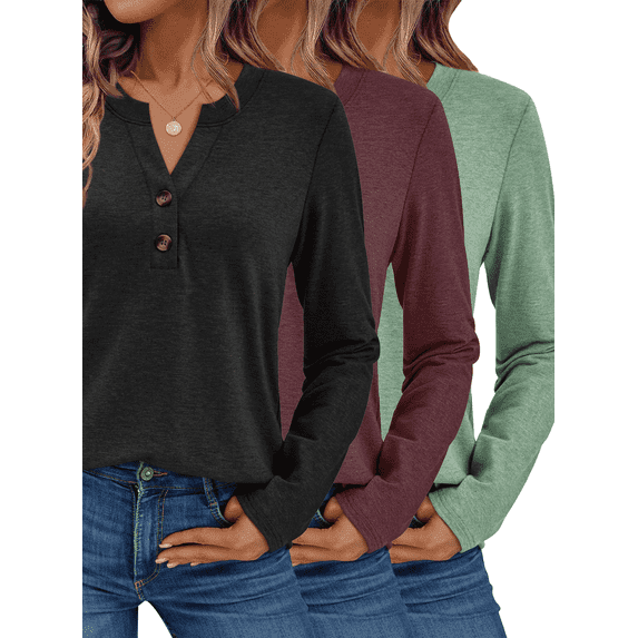 SUNBS 3 Packs Henley Blouses for Women Long Sleeve Shirts Fall Fashion Dressy Casual Tops Cute Work Outfits Clothes