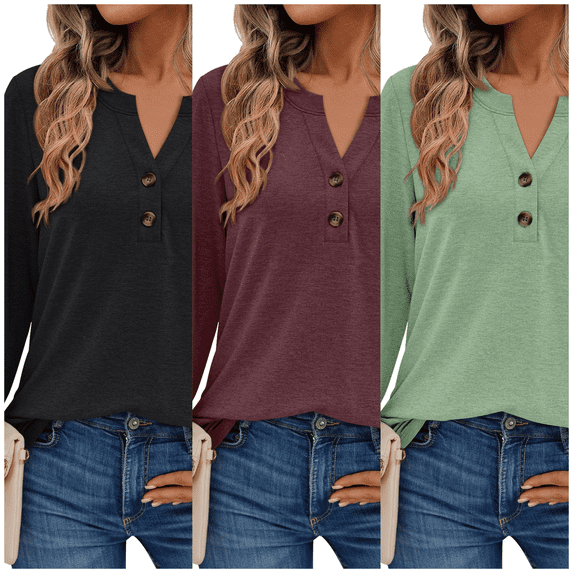 SUNBS 3 Packs Henley Blouses for Women Long Sleeve Shirts Fall Fashion Dressy Casual Tops Cute Work Outfits Clothes