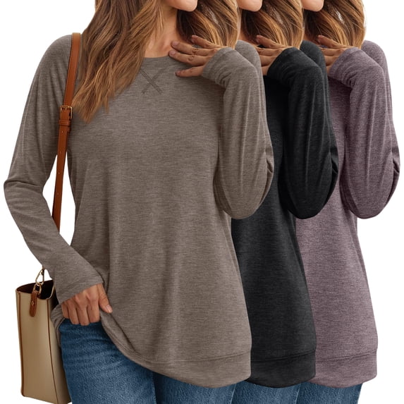 SUNBS 3 Packs Long Sleeve Shirts for Women Casual Work Tops Crewneck Blouses Loose Fit Clothes Trendy