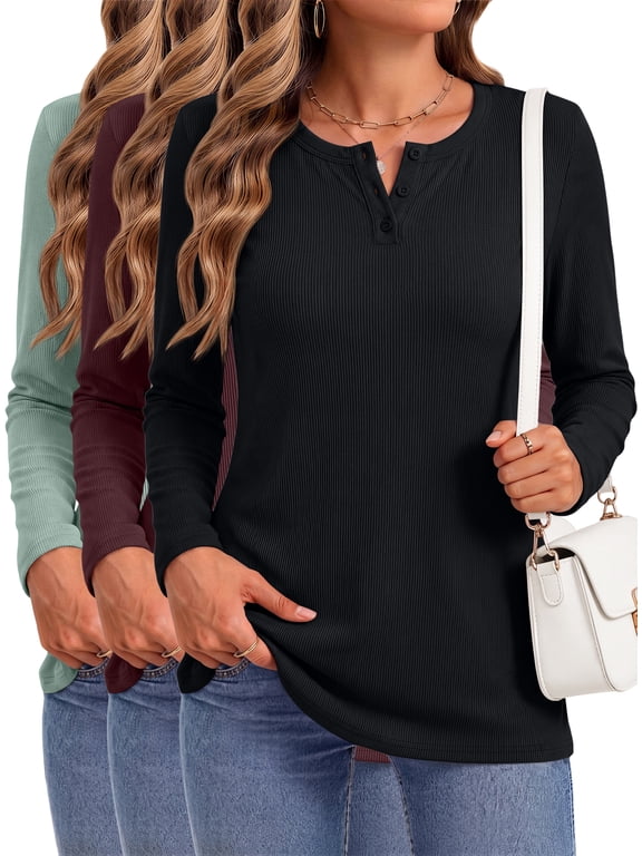 3 Packs Long Sleeve Shirts for Women Fall Tops Casual Crewneck Blouses Basics Tees