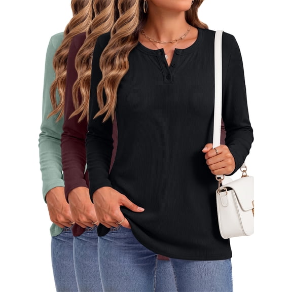 SUNBS 3 Packs Long Sleeve Shirts for Women Fall Tops Casual Crewneck Blouses Basics Tees