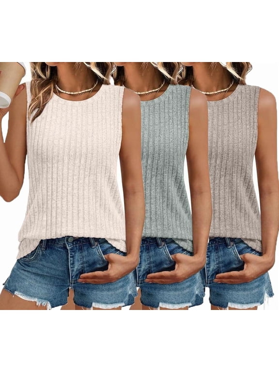 3 Packs Ribbed Tank Tops For Women Casual Crewneck Sleeveless Women Tank Top