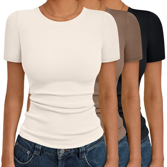 SUNBS 3 Packs T Shirts For Women Casual Basic Tops Slim Fit Crew Neck Ribbed Shirts