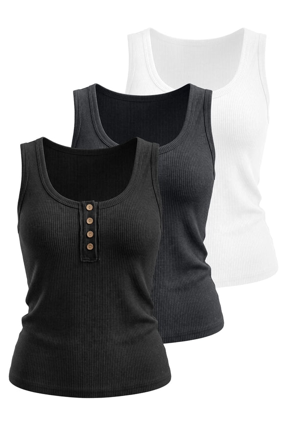 3 Packs Tank Tops for Women Summer Casual Camisole Tops Ribbed Sleeveless Henley Shirts Basic Clothing