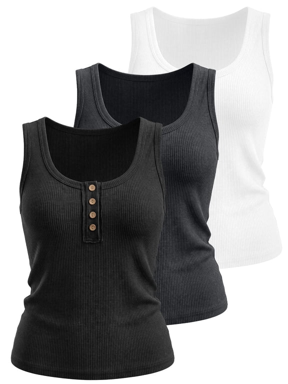 3 Packs Tank Tops for Women Summer Casual Camisole Tops Ribbed Sleeveless Henley Shirts Basic Clothing