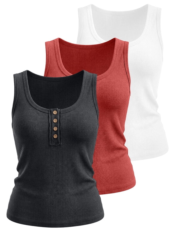 3 Packs Tank Tops for Women Summer Casual Camisole Tops Ribbed Sleeveless Henley Shirts Basic Clothing